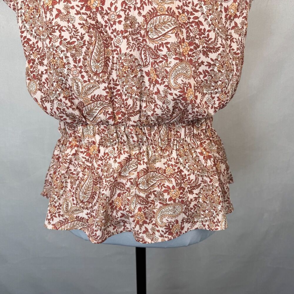 Alice Blue Women Sz M Floral Top Ruffle Crew Neck Cap Sleeves Elastic Waist - Picture 7 of 12